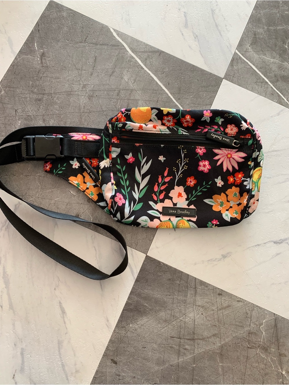 Vera Bradley Black Floral Crossbody Belt Bag with Orange & Pink Accents